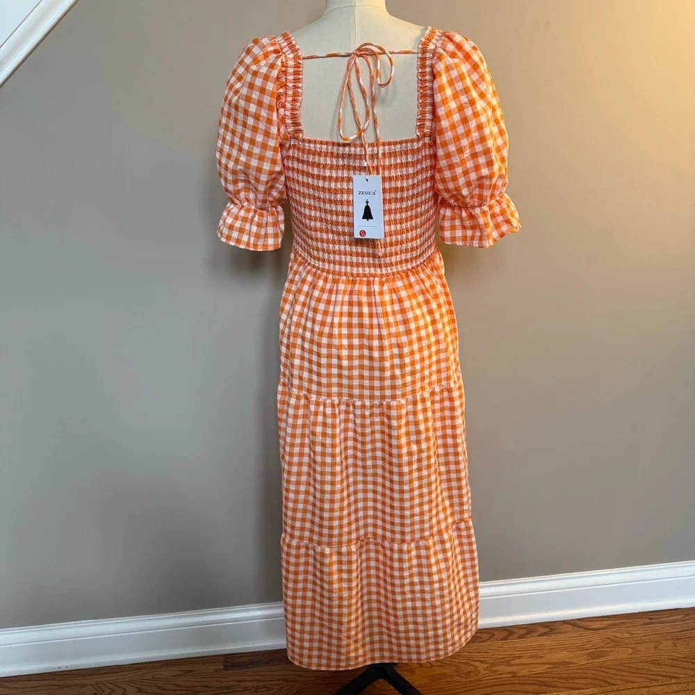 Zesica Orange Checkered Midi Dress with Puff Sleeves - Picture 10 of 15